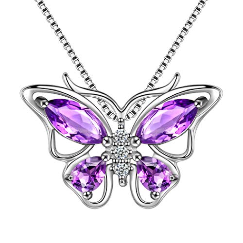 Aurora Tears 925 Sterling Silver Butterfly Necklace Women Butterflies February-Amethyst Birthstone Pendant Necklace for Birthday Wedding Gift DP0013P