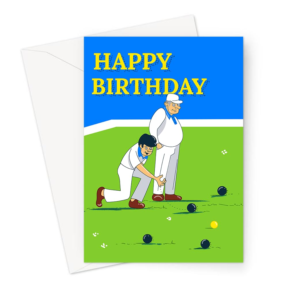 Happy Birthday Bowls Greeting Card | Two Bowls Player Playing On Grass Lawn Birthday Card, Hobby Birthday Card for Bowls Players
