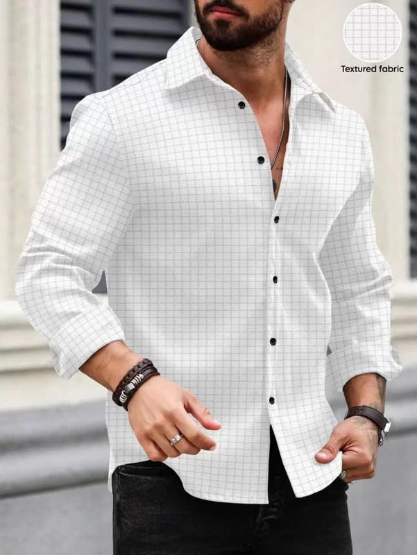 Image of DEELMO Men's Regular Fit Button Down Dress Shirts Textured Long Sleeve Casual Hawaiian Shirt