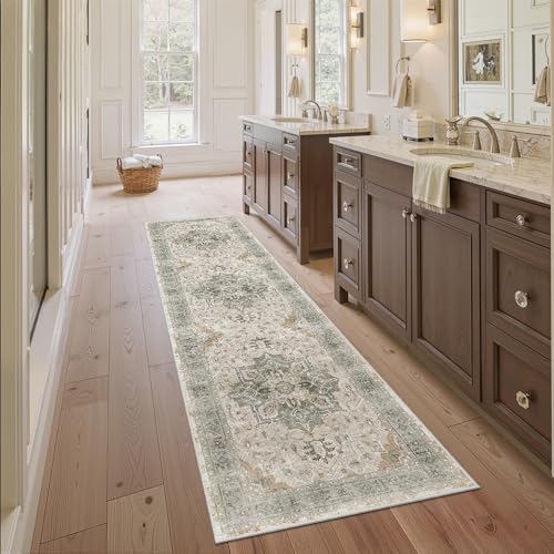 Madane Runner Rug 2x8, Washable Hallway Runner Rugs, Non-Slip Low-Pile Soft Kitchen Rug Runner Laundry Room Rug, Vintage Throw Entry Foyer Mat for Entrance Living Room (Light Taupe Brown, 2 x 8)