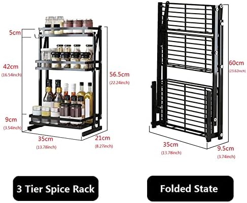 Redwestmelon Kitchen Spice Rack Organiser with 3 Hooks, Stainless Steel Black Seasoning Rack Countertop Storage Seasoning Rack Counter Shelf 3 Tier Spice Holder