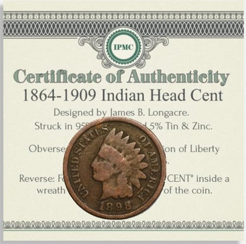 Indian Head Cent Penny 1864-1909, Authentic Circulated Coin with Certificate of Authenticity