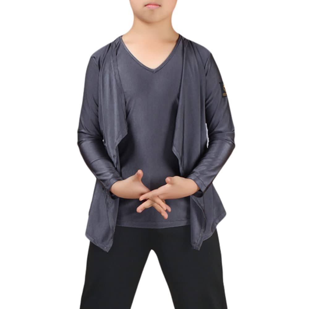 Libaobaoyo Boys Ballroom Dance Shirt V Neck Long Sleeve Pullover Professional Latin Jazz Basic Tops Grey