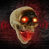 VioraWhite Halloween Animatronic Talking Hanging Skull Head with Spooky Sound Light up Red Eyes Shake Mouth Halloween Skull Decorations for Indoor Outdoor Wall Mounted Horror Prop Decor 3.54 x 5.31 in