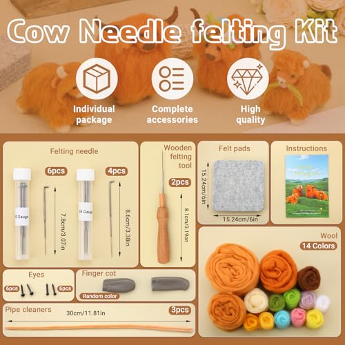 Zlulary Needle Felting Kit, Felting Kit, Cow Needle Felting Kit Wool Felting Kit for Beginner with Felting Supplies Includes Wool Roving, Felting Pad, Felting Needles and Instruction