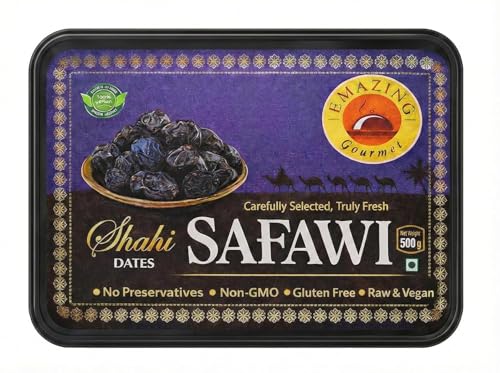 Emazing Gourmet Shahi Dates Safawi (Kalmi) 500gram | Naturally Sweet Black Dates & Premium Rich Taste & Soft Texture
