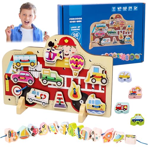 Fädelspiel, Montessori Spielzeug ab 2 3 4 5 Jahren für Kinder, Enthält 25 Fädelperlen in Verschiedenen Autoformen, Pädagogisches Holz Stapel, Fördert die Feinmotorik, Geschenke für Jungen & Mädchen