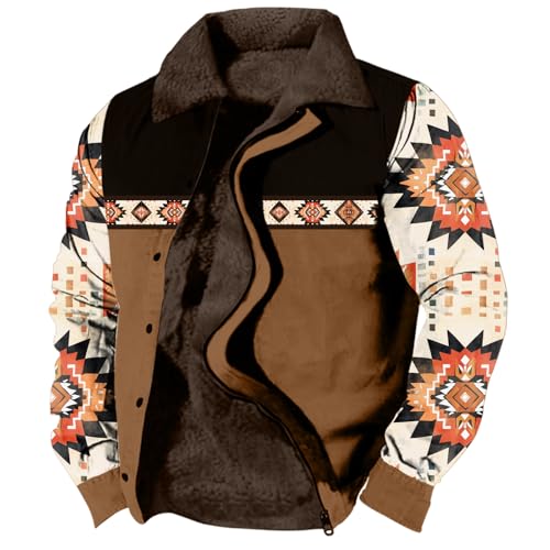 Aztec Cowboy Western Jackets for Men Long Sleeve Sherpa Fleece Zipper Retro Ethnic Print Fashion Warm Coats