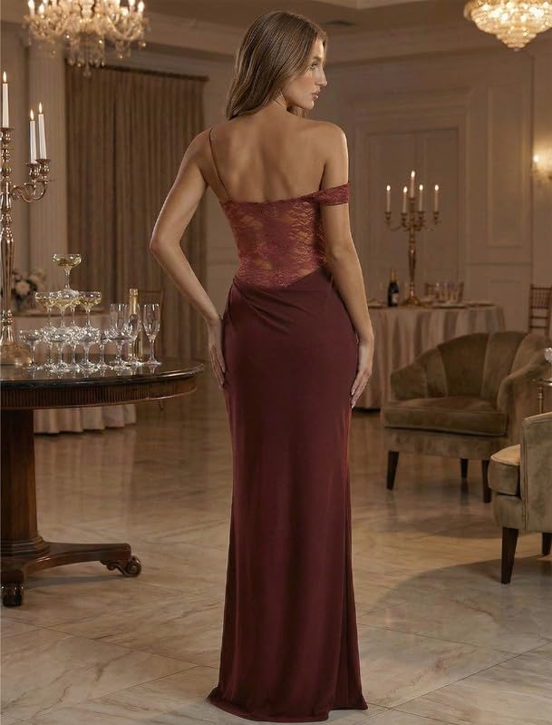 Vestito Donna Elegante Monospalla Spaghetti Strap Abito Lungo in Pizzo Floreale Aderente Vestiti Senza Maniche Sexy Maxi Abiti con Alto Spaccato Laterale Bodycon Abito da Discoteca Festa Sera