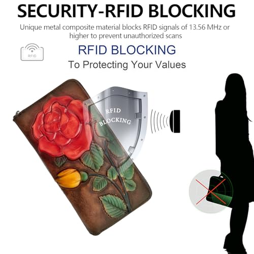 Image of Wallet Genuine Leather for Women - with RFID Blocking Card checkbook ID Slot Large Capacity Vintage style (big rose coffee)
