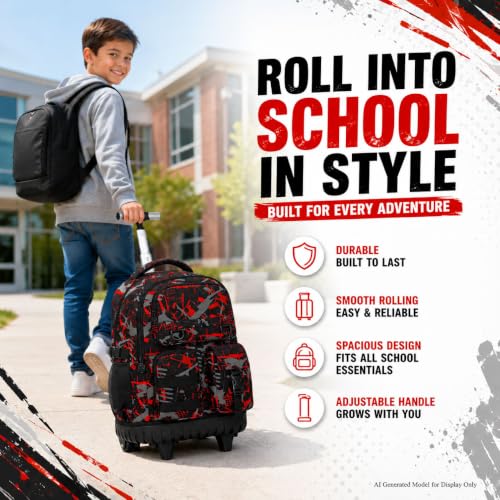 Image of CCJPX 3Pcs Rolling Backpack for Boys, Roller Wheeled School Bookbag, Graffiti Wheels Backpacks with Lunch Box for Kids (Red)