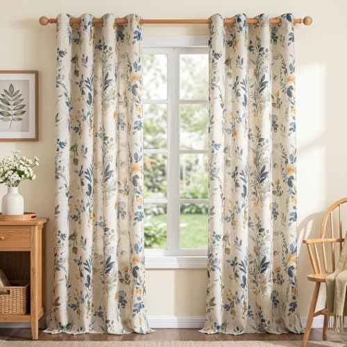 Image of MYSKY HOME Floral Linen Curtains 95 inch Length 2 Panels Set Patterned Semi Sheer Light Filtering Privacy Farmhouse Grommet Drapes for Living Room Bedroom, Yellow and Blue, 52 inch Wide Each Panel