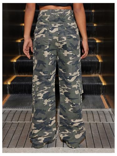 WDIRARA Girl's Y2K High Waisted Wide Leg Camo Jeans Elastic Baggy Denim Pants with Pockets2