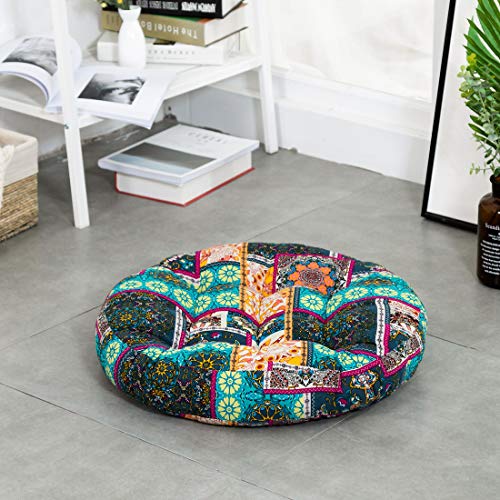 Higogogo Turquoise Meditation Pillow For Floor, Round Bohemian Seat Cushion Thick Cotton Linen Pouf India Mandala Boho Style Yoga Pillow For Living Room Kids Playing Room Party Decoration, 22 Inch #TOP1