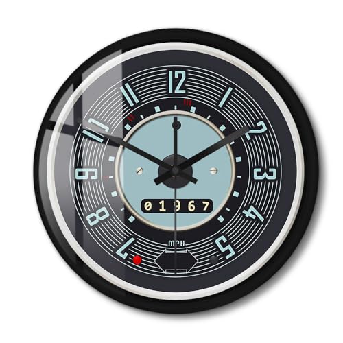 Timethink Car Speedometer Wall Clock with Metal Frame, 12 Inch Garage Wall Clock Decorative Silent Non Ticking Battery Operated Shop Clock for Garage Man Cave Automotive Mechanic Shop Car Enthusiast