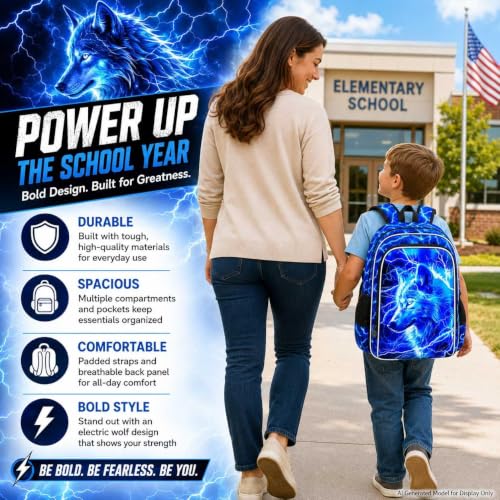 Image of 17 inch Wolf Backpack for School, Kids Boys Lightning Bookbag with Lunch Box, 3Pcs Backpacks for Elementary Preschool Kindergarten (Blue)