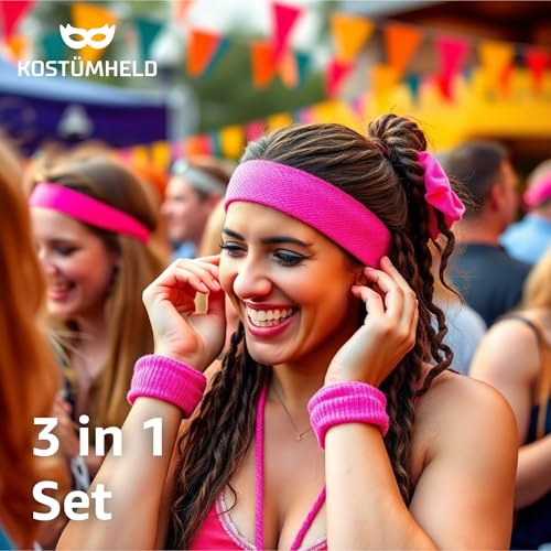 Foto von 3 in 1 Schweißband pink Set mit Stirnband - als Accessoire Vokuhila Kostüm zu Retro neon 80er 90er Outfit Fasching & Karneval
