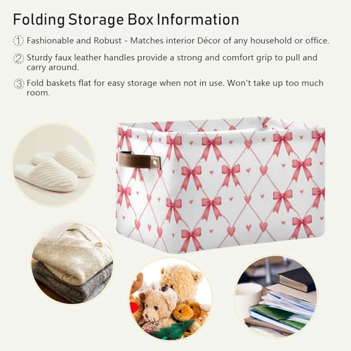 Image of Aslsiy Storage Basket Watercolor Pink Bows Hearts Nursery Bins Baby Canvas Box Clothes Shelf Basket Laundry Hamper 2 Pcs