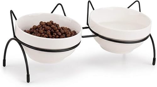 Juego de cuencos de agua para alimentos para gatos, cuencos dobles de cerámica para mascotas con soporte elevado inclinado de 15°, estación de
