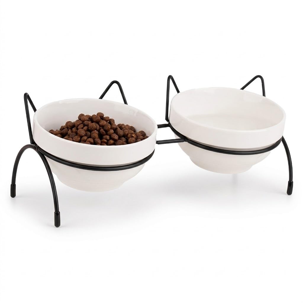 Cat Food Water Bowl Set, Double Ceramic Pet Bowls with 15°Tilted Raised Stand, Elevated Feeding Station with Two Removable Bowls, Raised Cat Bowl, Anti Vomiting Pet Dish Feeder, Kitten and Small Dogs
