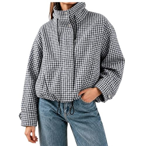 Womens Zip Up Jacket Pullover Plaid Funnel Neck Lightweight Y2k Jacket