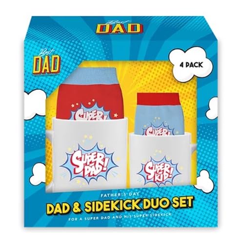 eBoutik - "Super Dad and Super Kid Mini Me Matching Mug and Socks Gift Set, Festive Present for Xmas Dad from Son or Daughter - Christmas Cup & Footwear Present