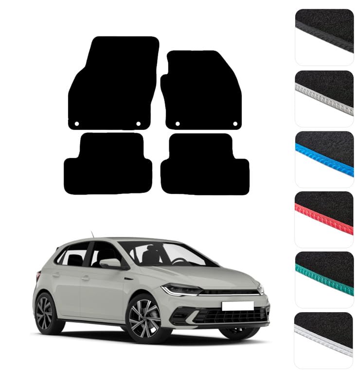GCM - Car Floor Mats for Volkswagen Polo 2018 To Present Car Full Coverage Floor Protection - Anti Slip & Fit Car Mat with Clips Easy to Clean Car Carpet for All-Weather- Black Edging, Carpet