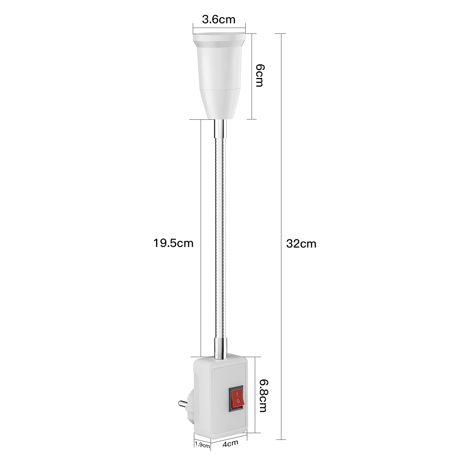 Portalampada con interruttore, 2 pezzi portalampada con cavo flessibile per lampadine LED E26/E27, AC 230 V, lampada da cucina, lampada da lettura, lampada da parete, senza lampadina (20 cm)