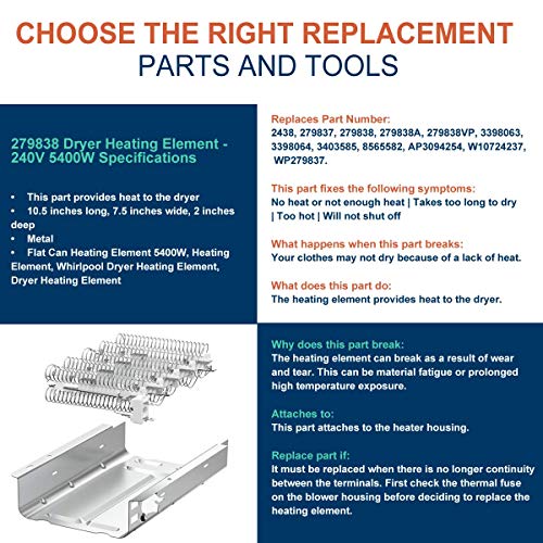 279838 Dryer Heating Element for Whirlpool Roper Kenmore Dryer Heating Element Parts 3392519 3977393 Thermal Fuse & 3387134 3977767 Dryer Thermostat (279838 Replaces 8565582,AP309425,3398064,3403585)