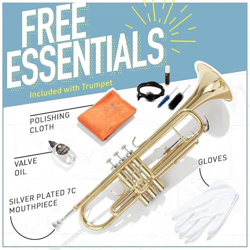 Image of Mendini By Cecilio Bb Standard Trumpet Set for Beginners - Brass Trumpet Instrument with Hard Case, 7C Mouthpiece, Valve Oil, Cleaning Cloth, Gloves and Maintenance kit (Golden)