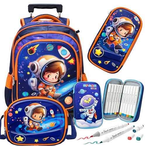 Kit Mochila Infantil Menino com Rodinhas Lancheira Termica Estojo Inclui Kit Escolar de Pintura (Astronauta 3D)