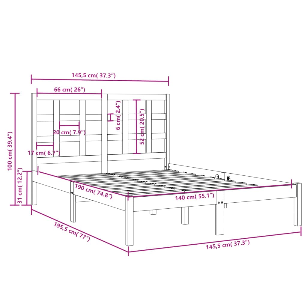 Lite drewno sosnowe Klasyczna rama łóżka 140x190 cm Czarny | Rama łóżka 140x190 cm lite drewno sosnowe czarna z zagłówkiem do sypialni