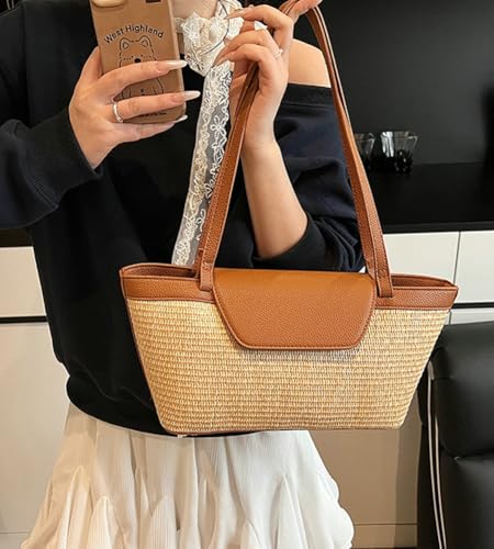 Long Straw Woven Large Capacity Tote Bag Patchwork Underarm Bag Commuter Travel Shoulder Bags for Women 20254