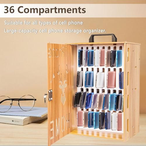 36 Fächer Holz Handy Schließfach mit Schloss und Griff – Wandmontierte Handy Aufbewahrungsbox – Mobiler Handy Safe für Schule, Büro und Prüfungen (Handygarage Schule)