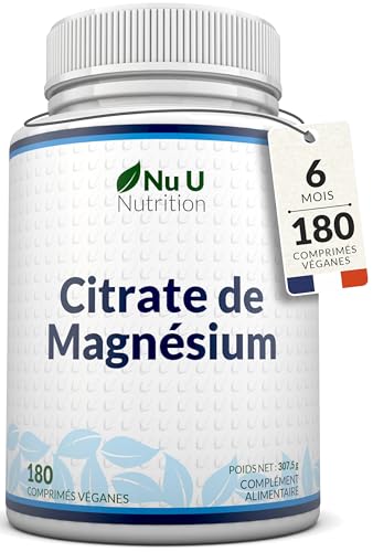 Citrate de Magnésium 700mg - 180 Comprimés Vegan - 6 Mois - 200mg de Magnésium Élémentaire - Magnesium Hautement Biodisponible - Fabriqué en Europe - Nu U Nutrition