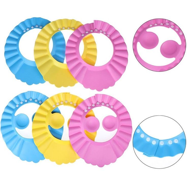 PACK OF 3 Adjustable Safe Soft Bathing Baby Shower Cap Wash Hair for Children Baby Eye Ear Protector (Malti Color) Hair Wash Hat for Newborn Infant Eye and Ear Protection Safe Children Kids Shampoo Shield Bath Head Cover Kids Shower Cap (Set Of 3)