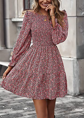Image of KIRUNDO Long Sleeve Dress for Women 2025 Summer Fall Wedding Guest Smocked Floral Crewneck Ruffle A Line Flowy Mini Dress