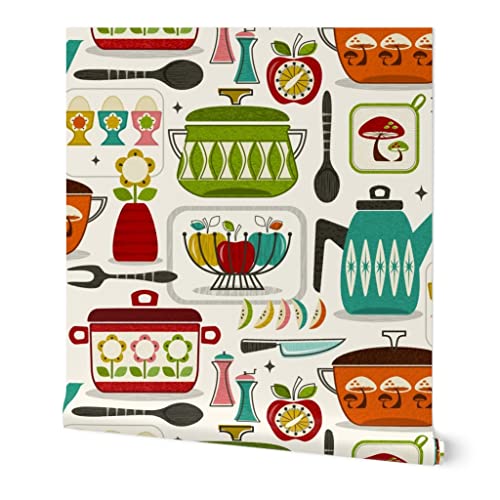 Spoonflower Peel & Stick Wallpaper Swatch - Kitchen Vintage Retro Apples Teapot Atomic Mid Custom Removable Wallpaper