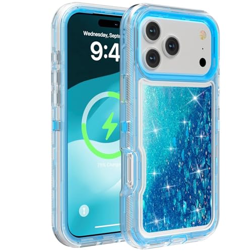 Coque iPhone 15 Pro Max bleu triple couche antichoc silicone rigide à paillettes