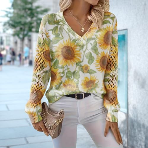 Womens Graphic Sweaters Trendy Casual V Neck Long Sleeve Fall Pullover Tops Oversized Soft Knit Hollow Out Jumper2