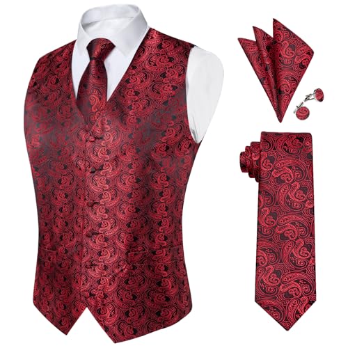 Image of DiBanGu Mens Paisley Vest Silk Sleeveless Suit Vest and Neck Tie Pocket Square Cufflinks Set for Wedding Formal