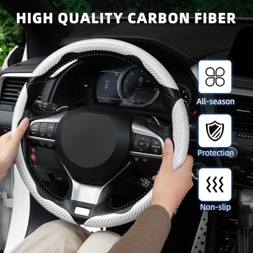 Image of Amiss 3pcs Carbon Fiber Anti-Skid Steering Wheel Cover, Waterproof Design, Universal Fit for 14-16 Inch Car Wheel Cover, Interior Car Accessories for Jeeps, SUVs, Trucks (Glossy White)