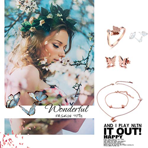 Cupimatch Butterfly Bracelet Ring Earrings Necklace Set, 18k Rose Gold Plated Love Jewelry Gift Set for Women Girls (Necklace Bracelet Earrings Ring Set) - Image 3