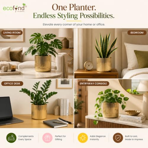 Image of ecofynd 1 Pack Metal Plant Pots (6 inch), Indoor Small Planter Flower Pots, Home Garden Decor Planter for Living Room Bedroom Interior (Gold Finish, POT048)