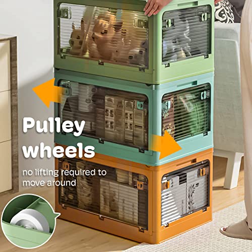 Wyzworks Transparent 5 Door Medium 30L Foldable Stackable Plastic Storage Box Tote W/Wheels, Designed For Clothing, Snack Pantry, Toys, Side Latching Locks, Quick Collapsible Organizing Bin, Orange #TOP3