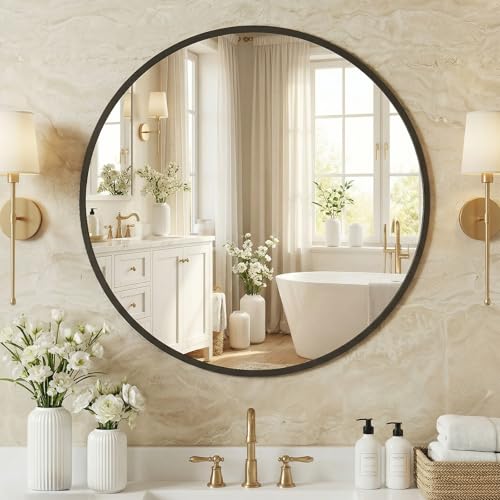 NEWBULIG 24 Inch Round Wall Mirror, Bathroom Mirrors for Over Sink, Matte Metal Framed Circle Vanity Mirror, Wall Decor for Bedroom, Entryway, Anti-Rust, Tempered Glass, Hanging or Leaning, Black