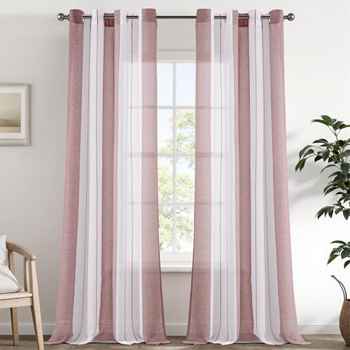 EMEMA Tende a righe trasparenti con occhielli Tende in voile Soggiorno moderno Set di 2 tende Camera da letto Trasparente con motivo Tenda a righe semitrasparente 140 x 260cm Bianche e Rosa Antico