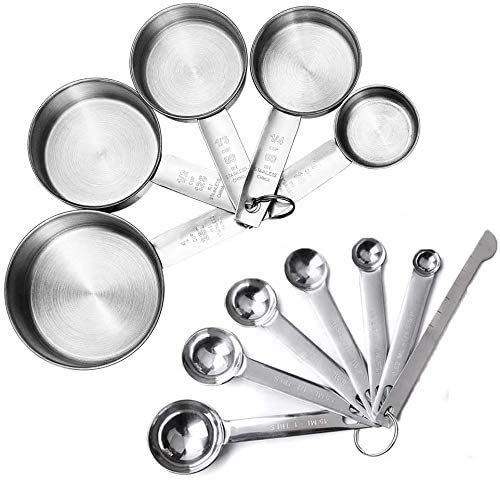 JUYILSU - Juego de 12 tazas medidoras y cucharas medidoras de acero inoxidable de primera calidad, 5 tazas medidoras y 6 cucharas medidoras con nivelador, para ingredientes secos y líquidos