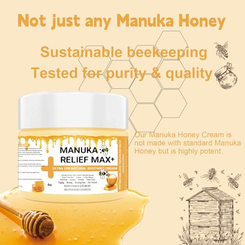 Max Strength Treat Natural Organic Manuka Honey Cream Ointment, Soothing Relief for Dry, Heat Rash, Itching, Eczema, Psoriasis, Leg, Stomach, Armpit, Foot, Hand, Irritated Skin For All Ages