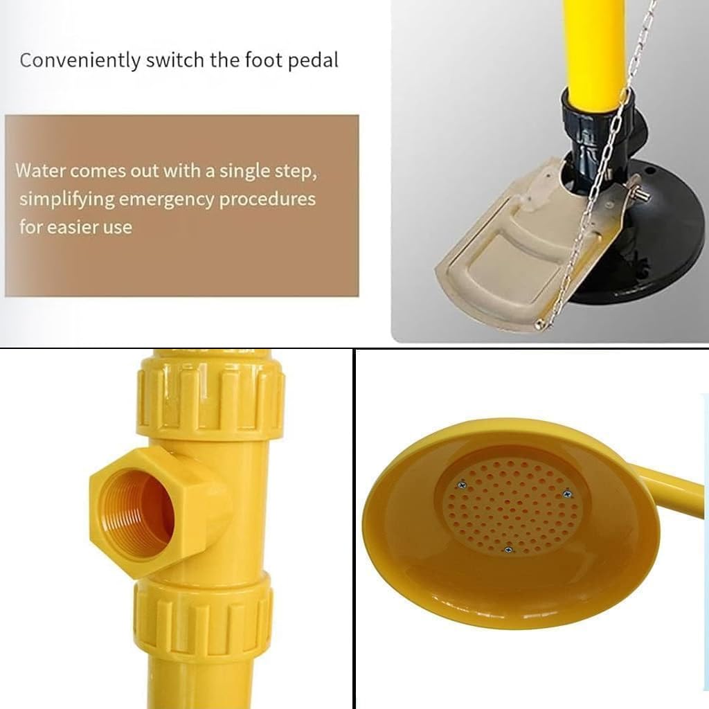 Estación de Ducha y lavaojos de Emergencia, Ducha de Seguridad combinada con Doble Chorro, Varilla Triangular, Pedal, Placa de Empuje, para hospitales, Laboratorios y Plantas químicas.
